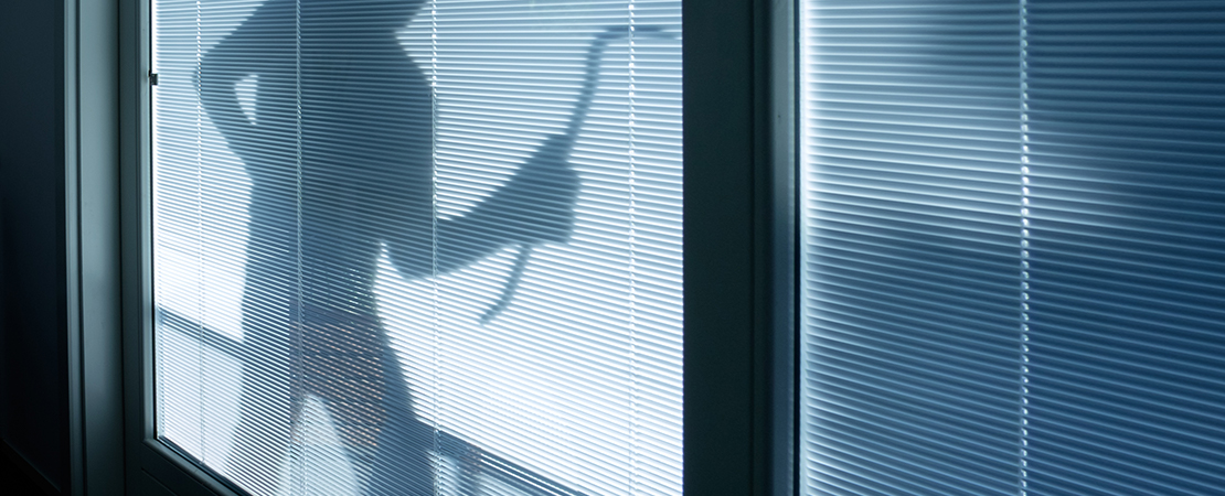 Schatten eines Einbrechers mit Brecheisen hinter Jalousien einer verglasten Tür bei Nacht. Symbolbild für Einbruch.