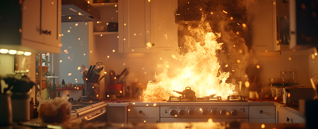 In einer Küche ist ein Feuer auf dem Herd ausgebrochen – Flammen schlagen hoch, Funken fliegen durch den Raum. Es ist niemand zu sehen, der eingreift. Symbolbild für: Küchenbrand, Brandgefahr im Haushalt, Feuerlöschen