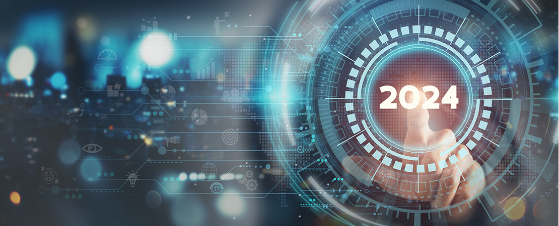 Eine futuristische Benutzeroberfläche mit digitalen Symbolen und einem High-Tech-Radar zeigt das Jahr 2024. Eine Hand tippt auf das leuchtende Zentrum des Kreises. Symbolbild für: "Das ändert sich in 2024"