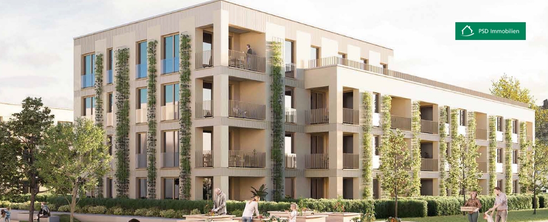 Moderne Eigentumswohnungen am Uffhauser Carré: Ein nachhaltiges, architektonisch ansprechendes Wohngebäude mit begrünten Fassaden, großzügigen Balkonen und lichtdurchfluteten Räumen. Die Anlage ist von Grünflächen umgeben, mit Gemeinschaftsbereichen für eine hohe Lebensqualität.