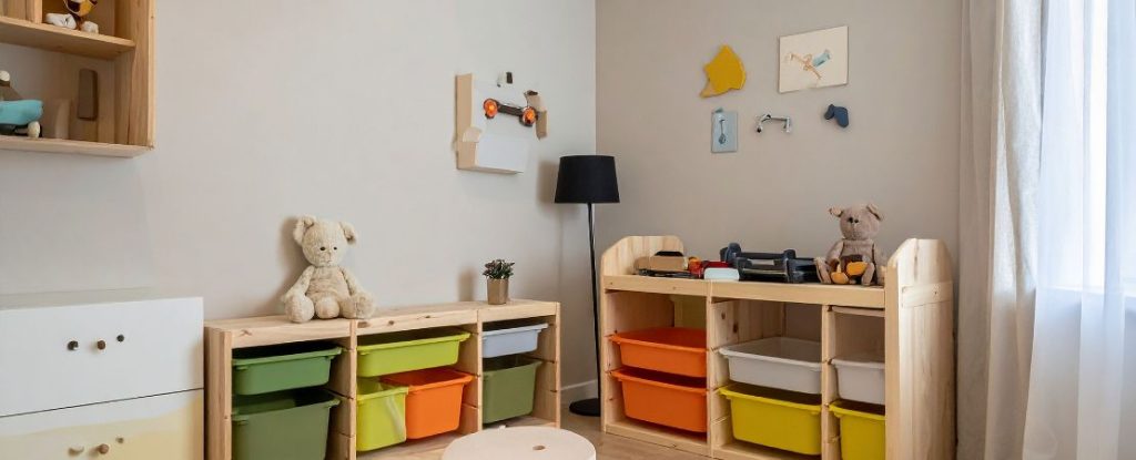 Ein hübsch eingerichtetes Kinderzimmer mit bunten Regalen